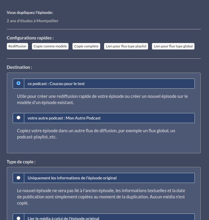 Image d'exemple de la page de duplication. Elle contient des boutons de préconfigurations rapides, et différents choix pour ajuster le type de duplication.